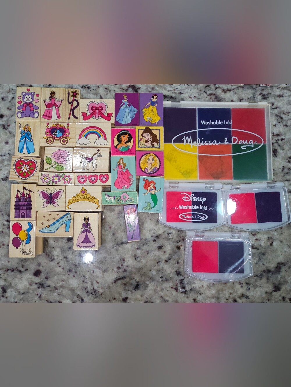 Disney & Melissa & Doug Princess Wooden Stamps Lot Of 27 With 4 Ink Pads